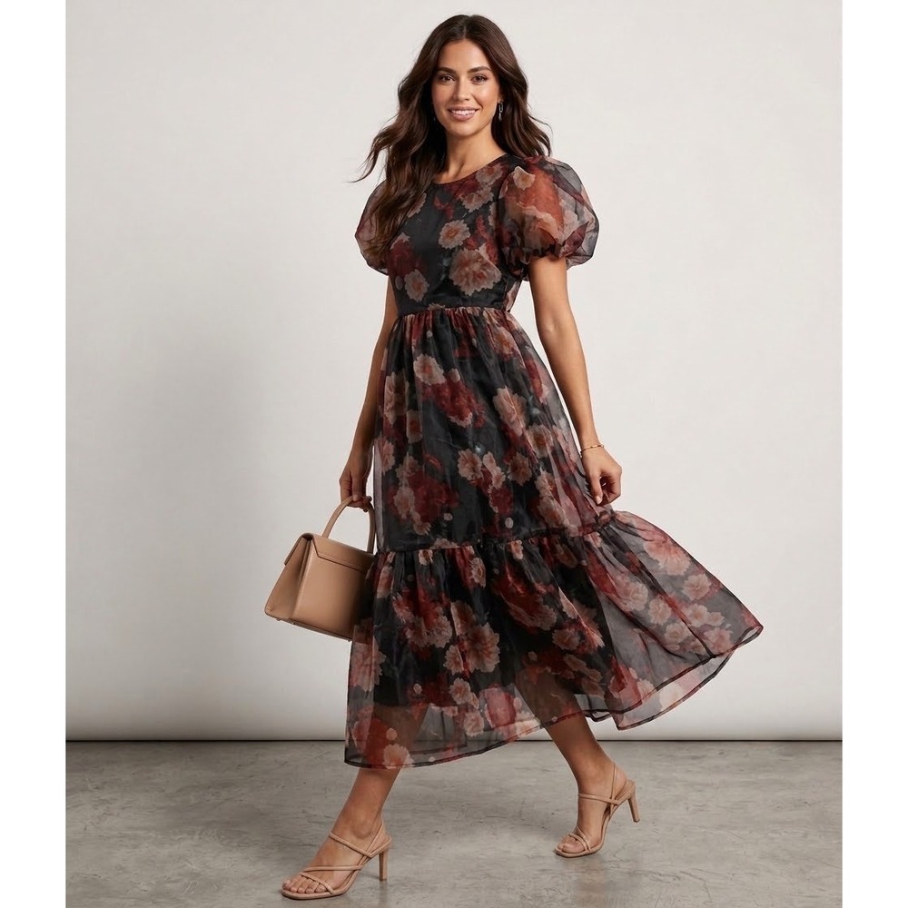 Petal &Pup Floral Organza Puff Sleeve Open Back Tie Midi Dress Black Burgundy L